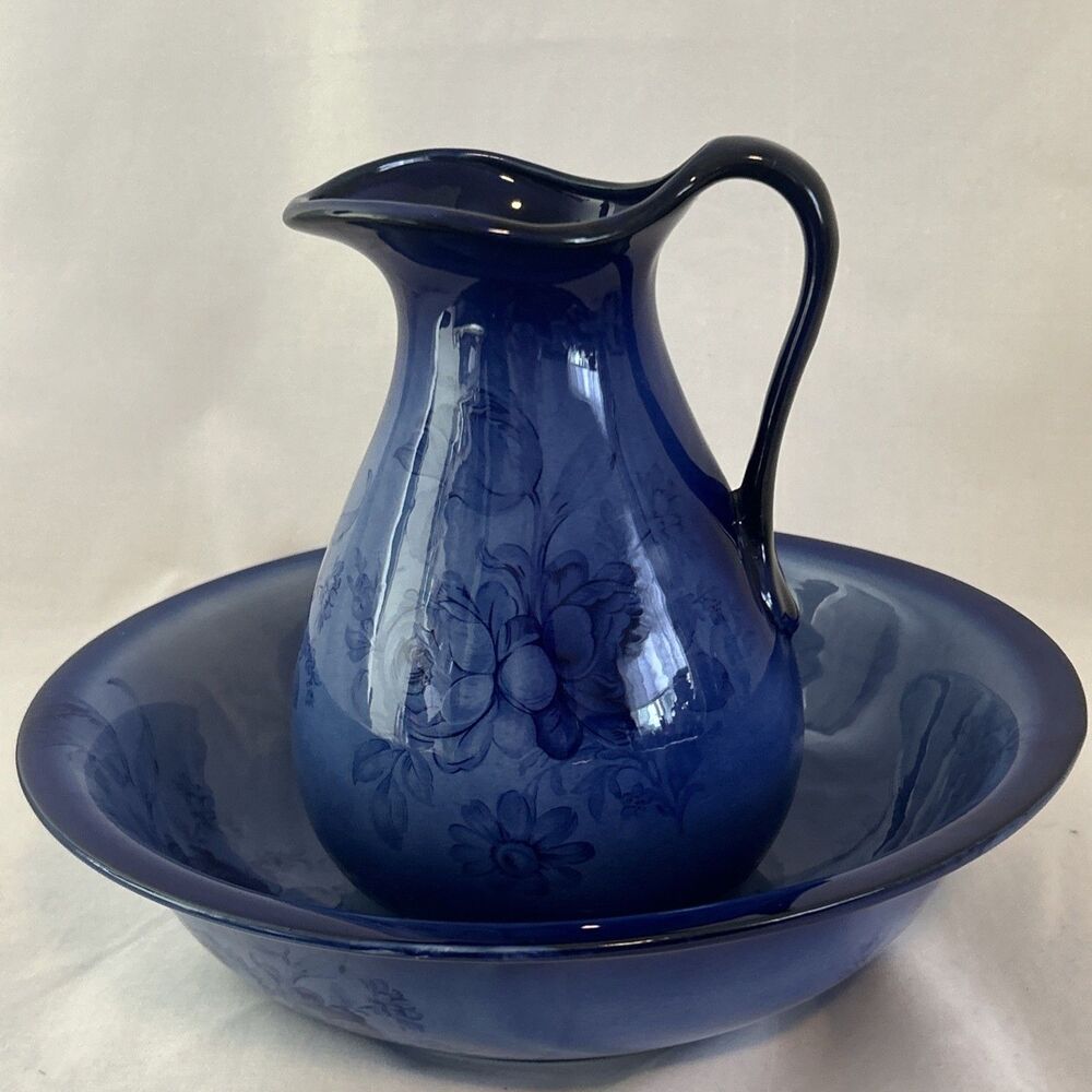 Vintage Staffordshire of England Flow blue Floral Pitcher and Bowl Set